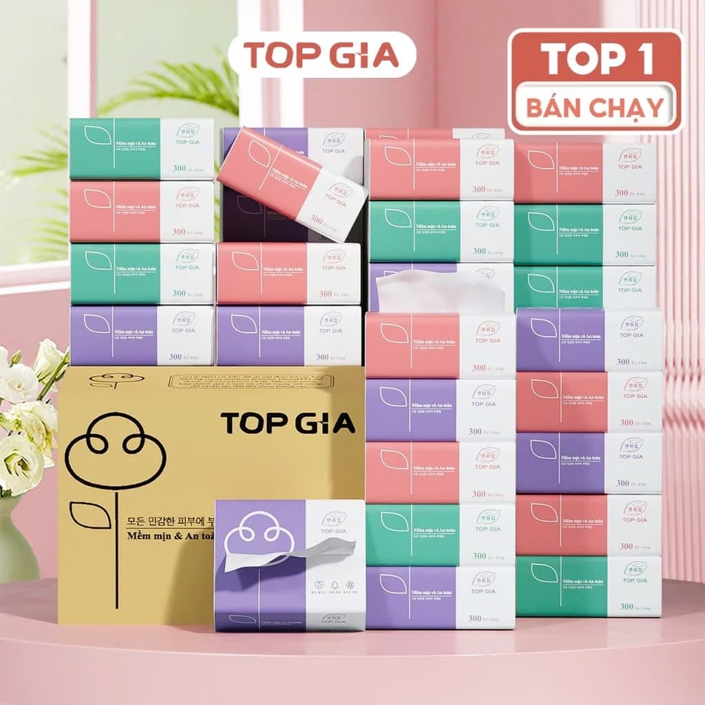 Thùng 30 gói giấy ăn rút Topgia 3 màu cao cấp 4 lớp dày dặn, mềm mịn, thùng 16/36/46/10 gói